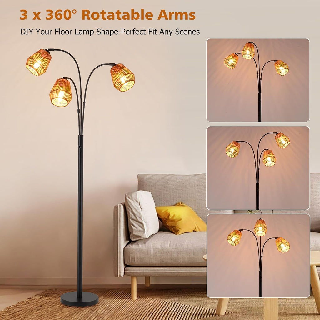 Black Adjustable Arched Floor Lamp With Rattan Shade