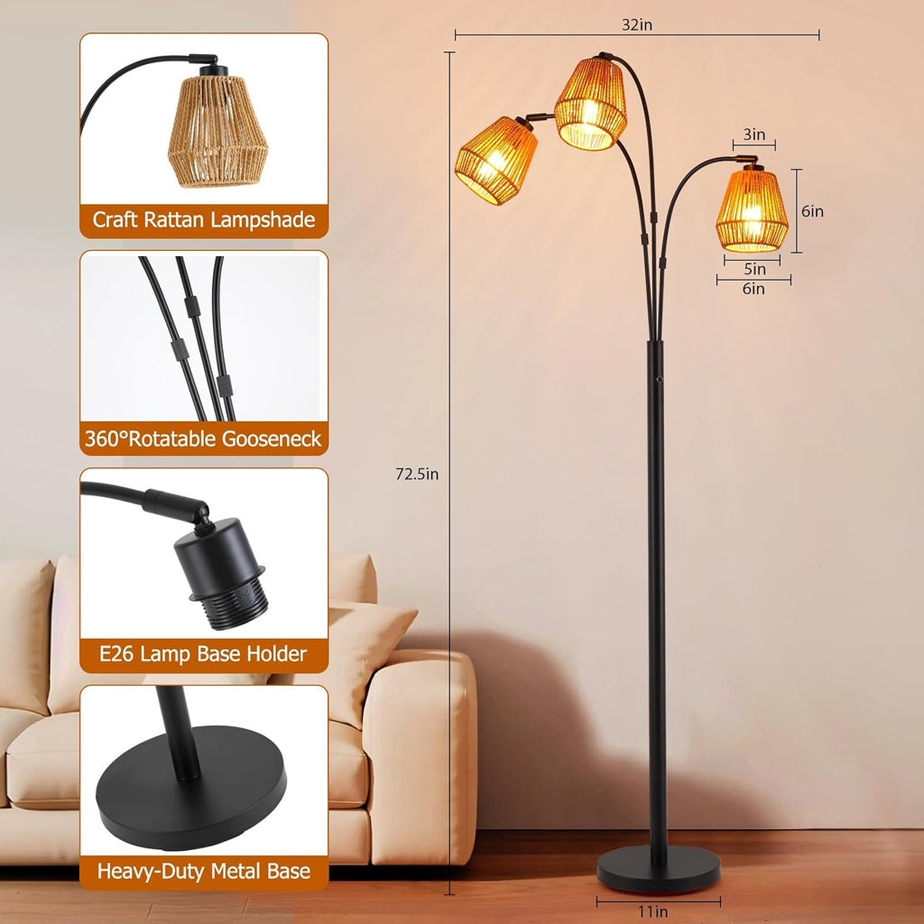 Black Adjustable Arched Floor Lamp With Rattan Shade