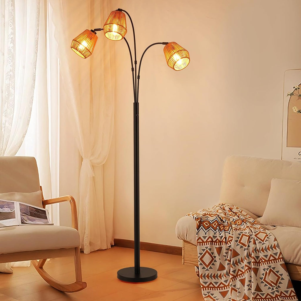 Black Adjustable Arched Floor Lamp With Rattan Shade