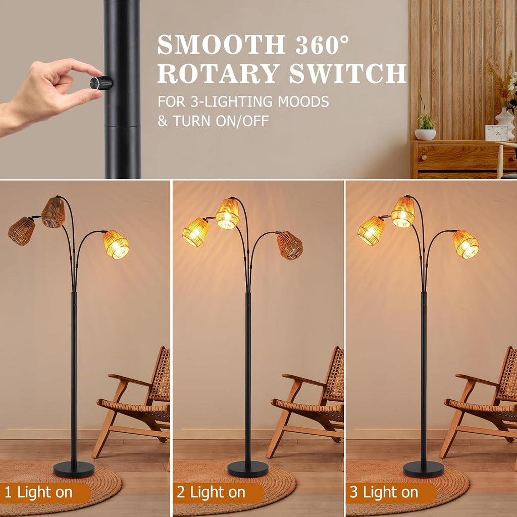 Black Adjustable Arched Floor Lamp With Rattan Shade