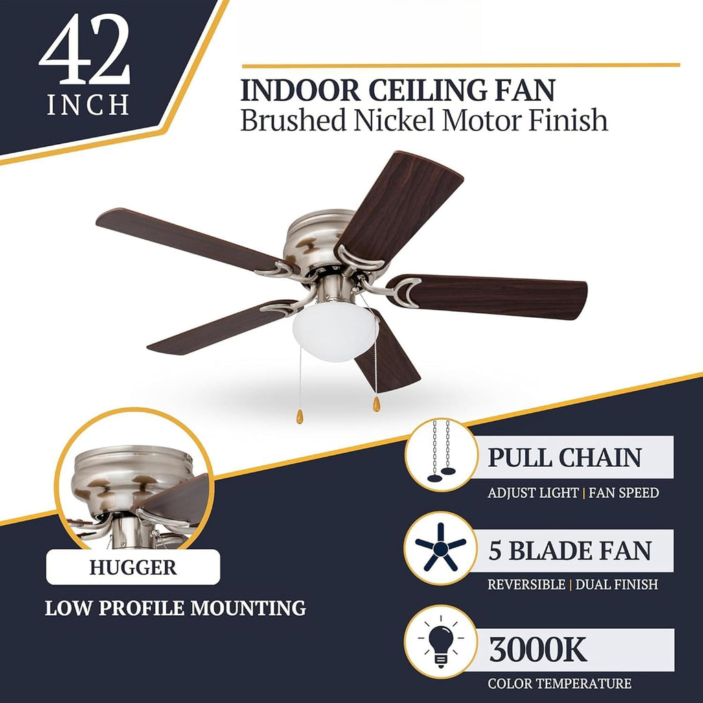 Brushed‑Nickel Flush‑Mount Ceiling Fan With Light